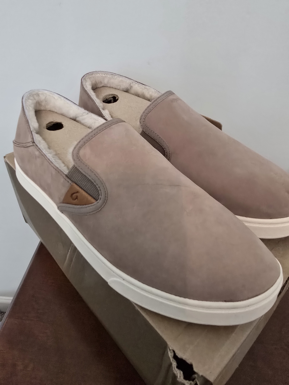 OluKai Women's Slip-On Loafers in Taupe Grey with Faux Shearling Lining